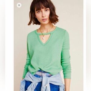 Anthropologie T. La Nadia Cut Out Waffle Tunic Top, Long Sleeve Layering V Neck